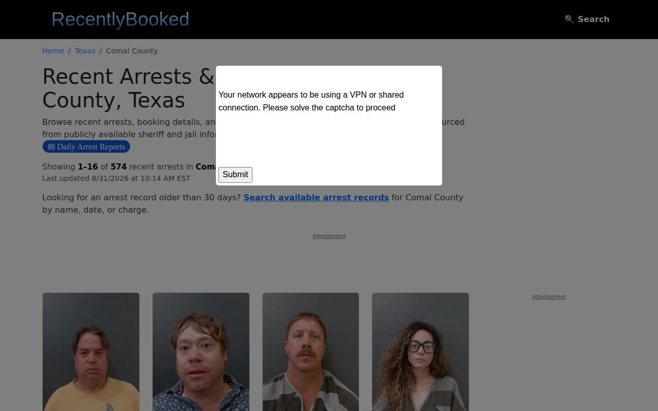 Comal County secondary recent-booking publisher page