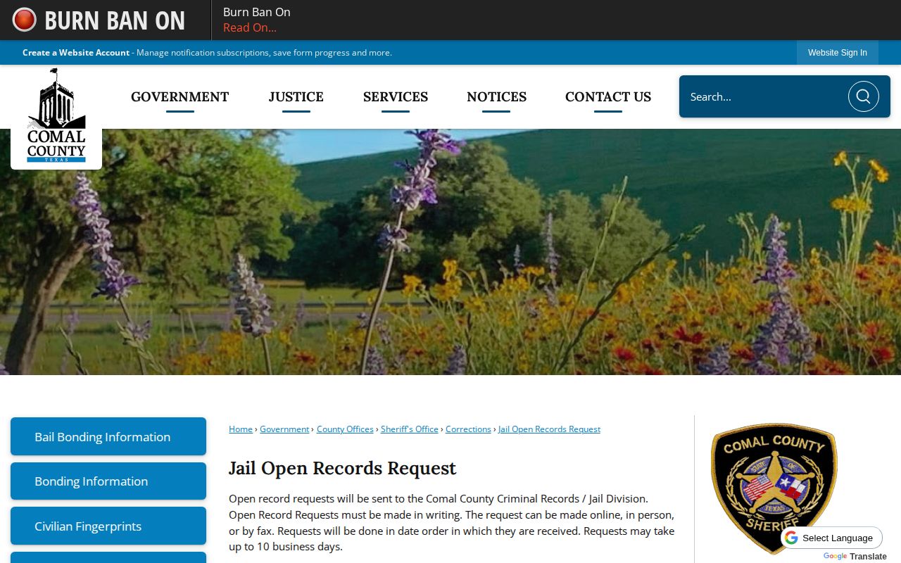 Comal County jail open-records request policy for booking records